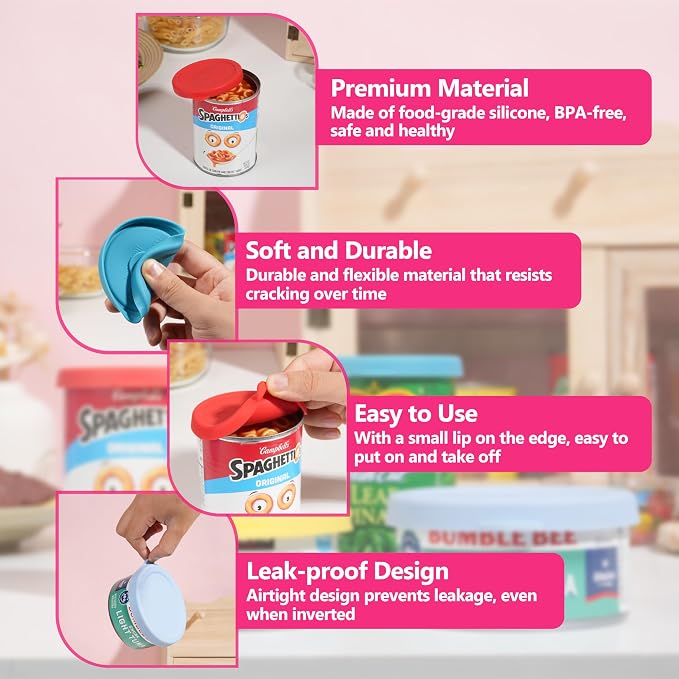 Set of 4 Packs Silicone Can Lids for Canned Food, Fit 3.0''|3.2''|3.5''|4.0-inches Food Can | Leak-Proof and Reusable Lids | Can Covers Toppers | Different Sizes | Dishwasher Safe