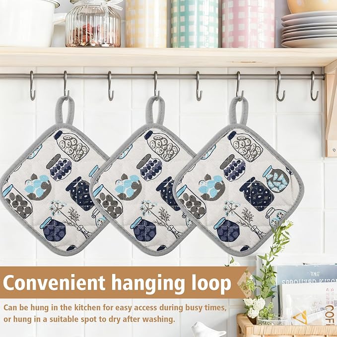 6-Pack Pot Holders for Kitchen, Quilted Hot Pads with Hanging Loop – Jar & Herb Pattern Heat Resistant Pot Holders for Hot Dishes, Pans & Oven Use(Grey)