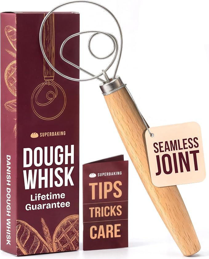 Superbaking 12" Danish Dough Whisk for Bread Mixing | Single Eye Design, Sourdough Bread Baking, Ergonomic Wooden Handle, Bread Making Tools