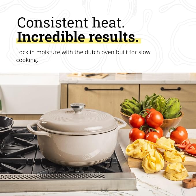 Lodge Essential Enamel Cast Iron Dutch Oven 6 Quarts - Perfect for Bread Baking, Braising, Marinating & Slow Cooking, Features Moisture-Sealing Lid & Dual Handles, Kitchen Essentials, Sandalwood