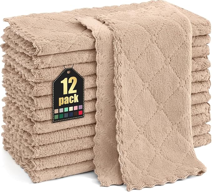 Homaxy 12 Pack Super Soft Absorbent Dish Cloths, 10" x 10", Tan | Coral Velvet, Nonstick Oil Fast Drying Microfiber Cleaning Cloth, No Lint Household Dishcloths
