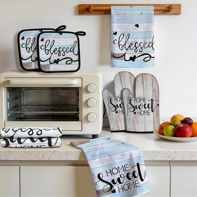 8 Pcs Kitchen Decor Accessories Set Farmhouse Towels Pot Holders Oven Mitts Set 4 Dish Towels 2 Potholders 2 Cooking Mittens Oven Glove for Mother’s Day Baking Cooking(Brown Green,Kitchen)