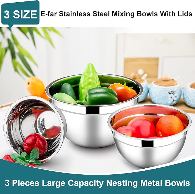E-far Mixing Bowls with Lids Set, 6-Piece Stainless Steel Salad Bowls | Metal Nesting Cooking Bowls with Airtight Lid for Kitchen Storage, Baking & Prepping, Dishwasher Safe, 1.5/3/4.5 QT, Blue