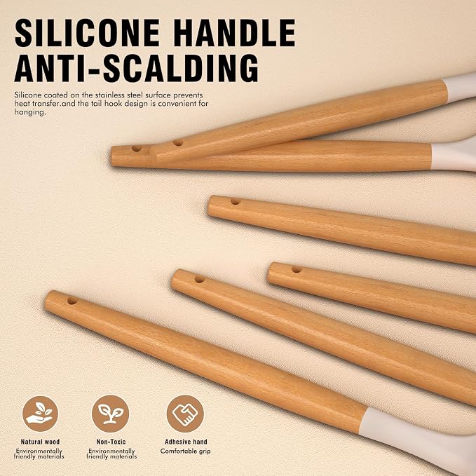 Silicone Cooking Utensils Set - AVGPD Silicone Kitchen Utensils for Cooking Wooden Handles, 446°F Heat Resistant Kitchen Utensil Spatula Sets w Holder, Gadgets for Non-Stick Cookware BPA FREE (Khaki)