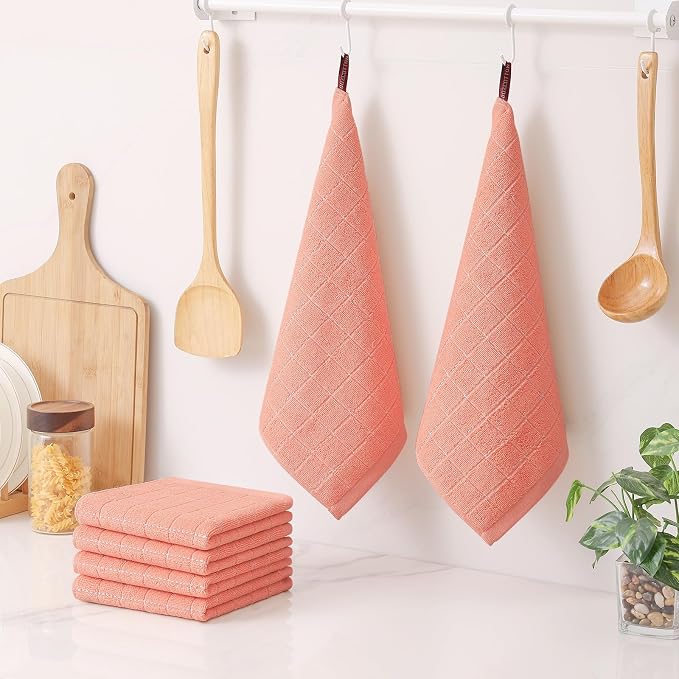Homaxy 100% Cotton Terry Kitchen Dish Cloths, 12 Pack, Coral | Ultra Soft and Absorbent, Suitable for Drying and Washing Dishes