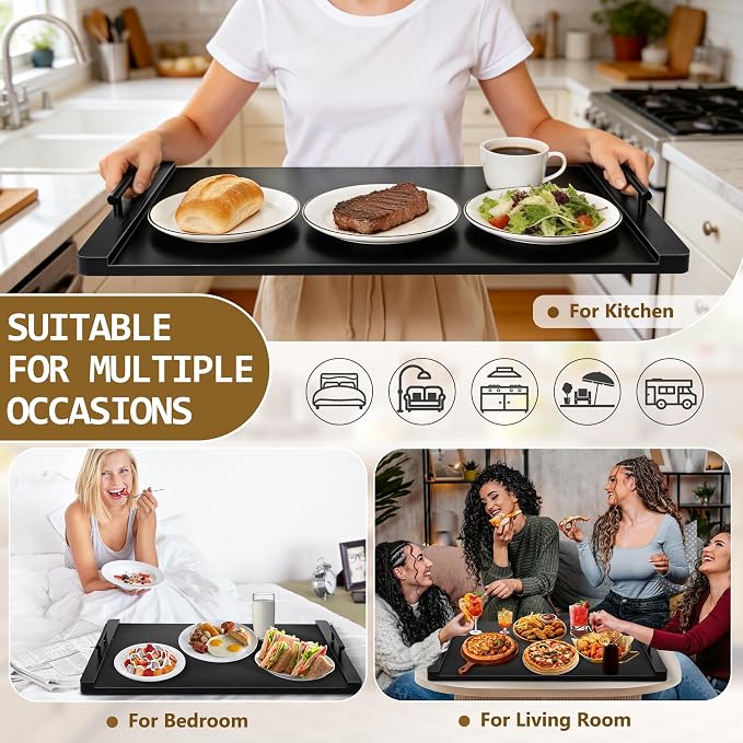 Noodle Board Stove Cover with Handles, Wood Stove Top Covers for Electric Stove and Gas Burners, Wooden Decorative Serving Tray Kitchen Sink Cover for Counter Space (Black)