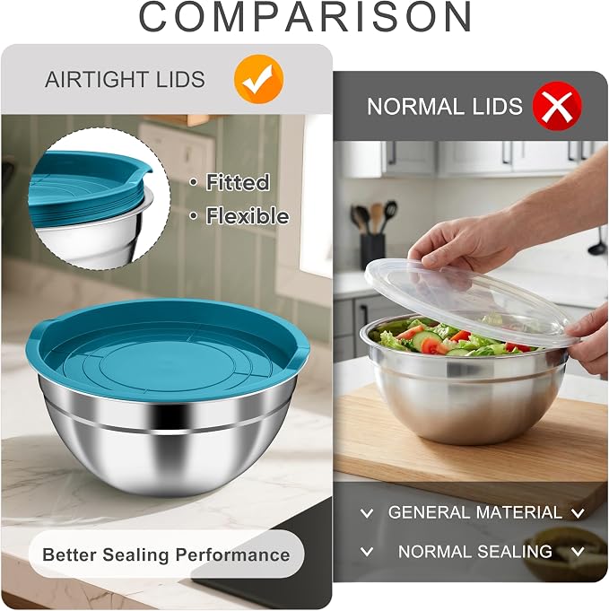 HaWare Mixing Bowls with Airtight Lids, 6-Piece Stainless Steel Salad Bowls | Strong Nesting Bowls for Cooking, Prepping, Baking, Serving & Food Storage, Stackable Design, Size 4.6, 3, 1.5QT, Teal Blue