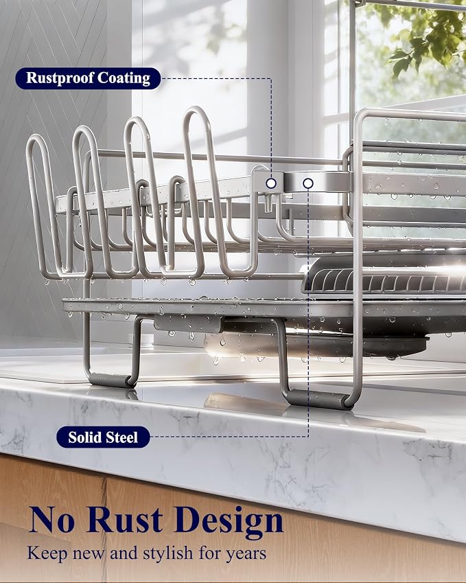 Kitsure Extendable Dish Drying Rack, 19.2"-26.7" L x 12.9" W, 2-Tier | Large Dish Rack, Multifunctional Dish Rack for Kitchen Counter, Anti-Rust Dish Drainers with Cutlery & Cup Holders,Grey