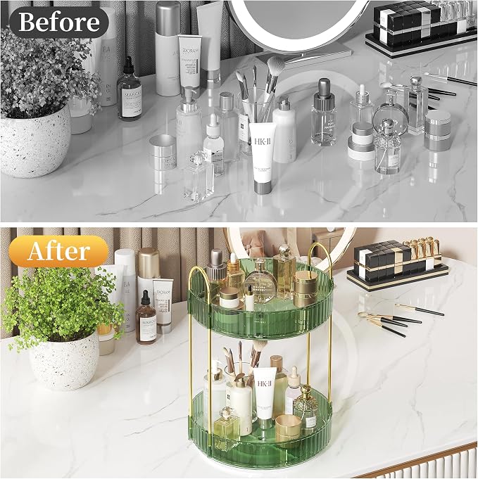 Rotating Makeup Organizer Countertop, 2 Tier, Green | Skincare Organizers, Spinning Perfume Tray Stand, Makeup Storage Organizer for Vanity, Bathroom Organizer, Lazy Susan