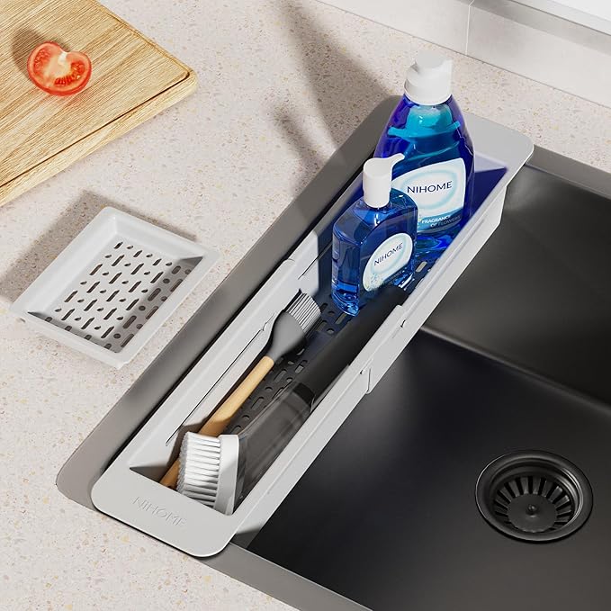 NiHome Extendable Kitchen Sink Caddy, Small Brush Sponge Storage Holder | Expandable Kitchen In Sink Organizer for Brush & Sponge with Drainage, Adjustable Length, Non-Slip Pads, Durable ABS (Gray)