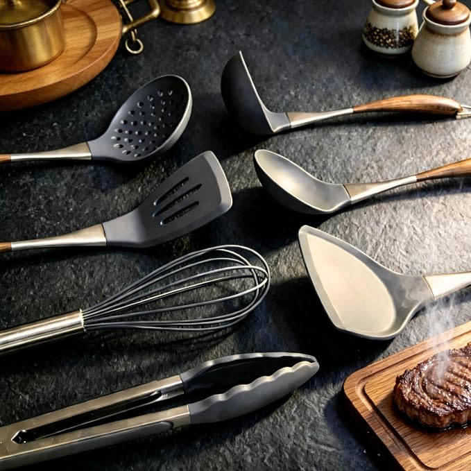 Silicone Cooking Utensil Set 7-Piece, Heat Resistant Kitchen Utensils Set Non-Stick with Wood Grain Handle, BPA-Free Spatula Set Dishwasher Safe (Space Gray)