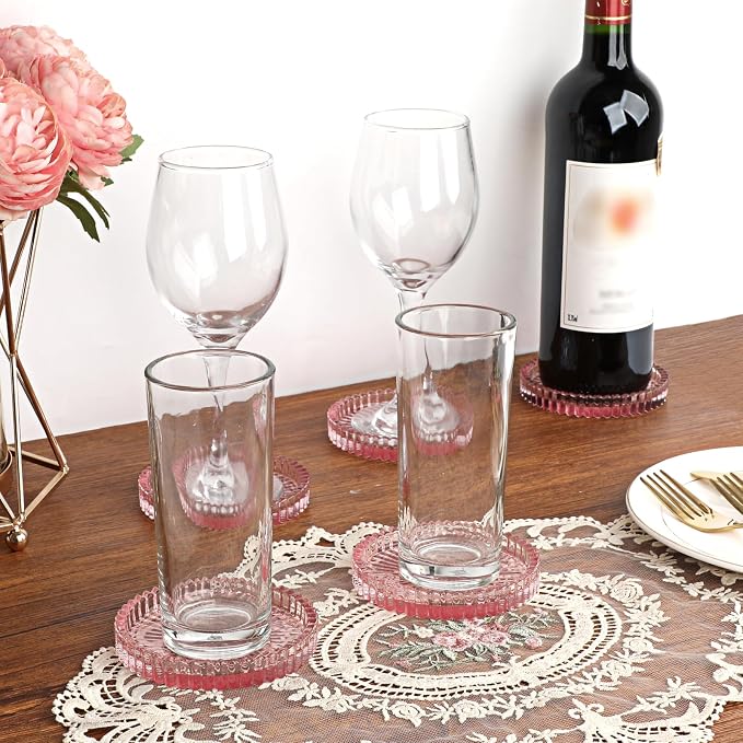 Modern Clear Coaster Set of 5- Glass Coasters for Drinks, Clear Pink | Crystal Coasters Round Cup Coaster Coffee Table Decor for Office, Kitchen, Bar, Dining Room, Living Room, Patio