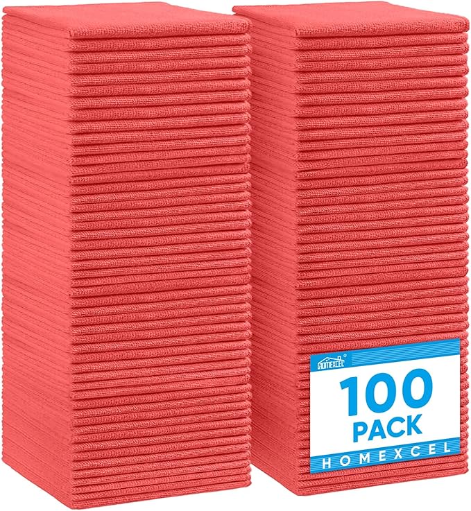 HOMEXCEL 100PK Microfiber Cleaning Cloth, Cleaning Rag for Home, 11.5x11.5 | Reusable, Lint Free, Scratch-Free and Highly Absorbent Towels for Kitchen, Bathroom, Toilet, Sink, Red