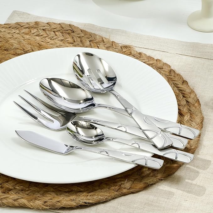 HIKAA Silverware Set, 45-piece Silverware Set with Serving Utensils Set, for Kitchen, Home, Wedding, Party, Mirror Polished and Dishwasher Safe