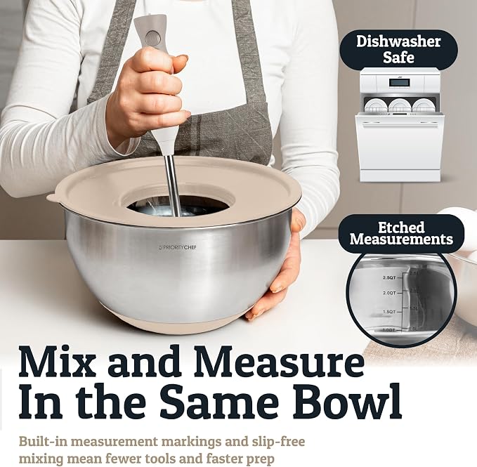 Stainless Steel Mixing Bowls with Lids Set, Metal Nesting Bowls with Airtight Lids, Graters, Non-Slip Base & Measurement Marks, Includes Utensil Set for Prep, Baking & Storage, Khaki