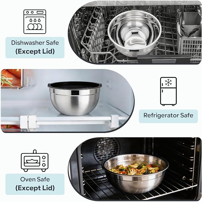 E-far Mixing Bowls with Lids Set, Stainless Steel Cooking Salad Bowl, Black | 10-Piece Metal Nesting Bowls with Airtight Lid for Kitchen Storage, Baking & Prepping, Dishwasher Safe, 0.7/1.5/2.1/3/4.6 QT