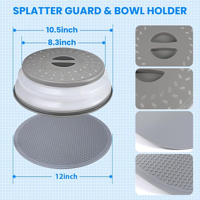 Microwave Cover for Food and Silicone Mat Collapsible Microwave Splatter Cover, Microwave Plate & Dish Cover with Easy Grip Handle, BPA-Free, 10.5” Cover&12.2” Mat, Dishwasher Safe (Grey)