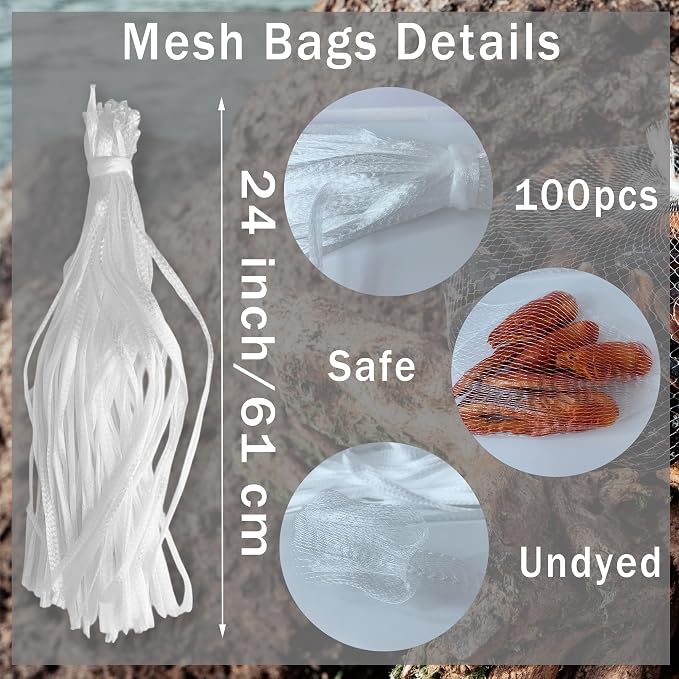 100pcs Undyed Seafood Boil Bags 24” Mesh Bags for Crawfish Shellfish Crab Boil Reusable Produce Onion Net Bags for Fruit Vegetable Storage
