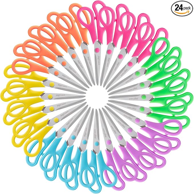 Scissors, BOOMIBOO 8" All Purpose 24 Pack - Comfort-Grip Scissors for Office Desk Accessories Sewing Fabric Home Craft School Supplies, Teacher/Class Supplies, Right/Left Handles (Rainbow Color)