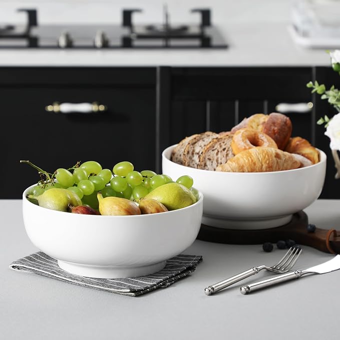 MALACASA Large Serving Bowls, 114 OZ(10") Ceramic Salad Bowls Set of 2 | White Bowls for Salad, Soup, Pasta, Dinner, Porcelain Bowls Set for Entertaining, Microwave Safe, Series REGULAR