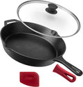 Cuisinel Cast Iron Skillet with Lid - 12"-Inch Frying Pan + Glass Cover + Silicone Handle Holder - PFAS and PFOA-free Pre-Seasoned Oven Safe Cookware - Indoor/Outdoor Use - Grill, BBQ, Fire, Stovetop