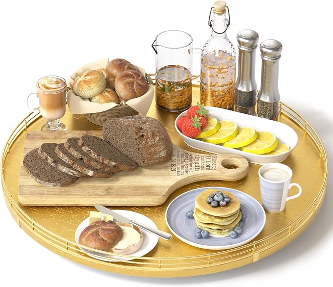 Oroyutor 16-Inch Oak Lazy Susan Organizer with Gold Metal Rail | Oak wood base, gold metal rail and smooth 360-degree rotation for dining tables, kitchen counters and spice storage.