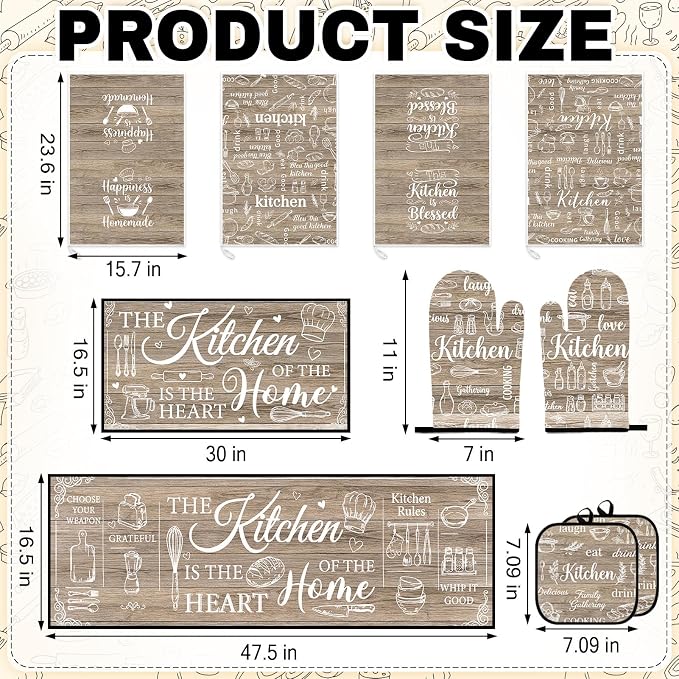 10 Pcs Kitchen Decor and Accessories Set, Farmhouse Brown | Rustic Wood Baking 4 Dish Towels Kitchen Rugs 2 Oven Mitts 2 Pot Holders, Home Decor for Cooking Baking BBQ Housewarming