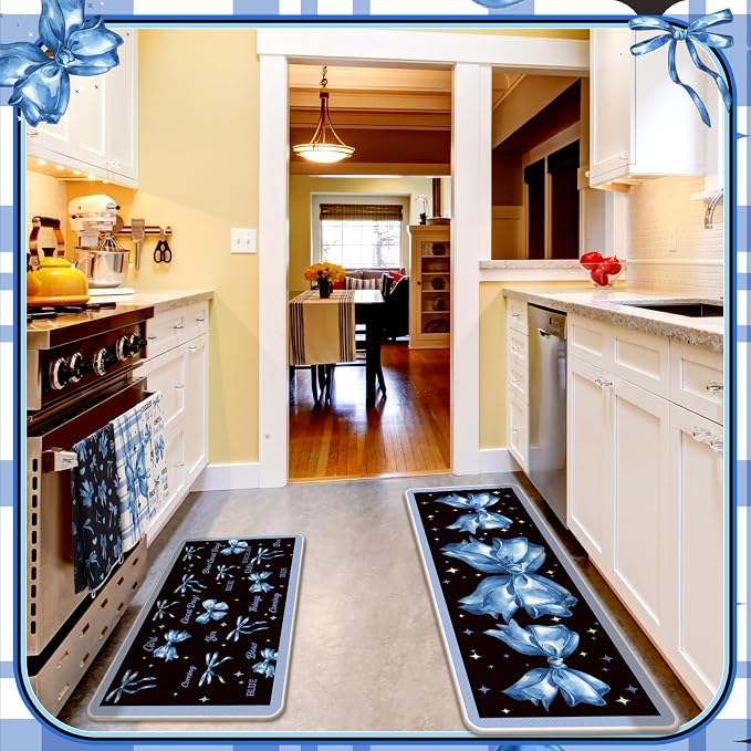 Fourluoo 10 Pcs Blue Bow Kitchen Decor Set Dish Towels Kitchen Rugs Oven Mitts and Pot Holders for Cooking Baking Grilling Women Mom Gift