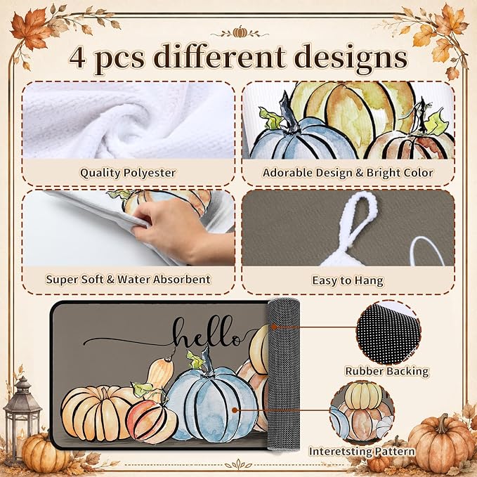 Fanfanwin 10 Pcs Fall Pumpkin Kitchen Decor and Accessories Set Kitchen Towels Pot Holders Oven Mitts and Rugs Set Thanksgiving Towels for Cooking Baking Gift Harvest Autumn Home Decor
