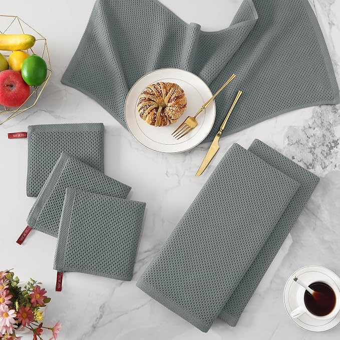 Kitinjoy 100% Cotton Waffle 4-Pack Kitchen Towels, 13" x 28", Grey | Super Soft, Ultra-Absorbent, Fast Drying, lightweight, Quick Drying Kitchen Hand Towels