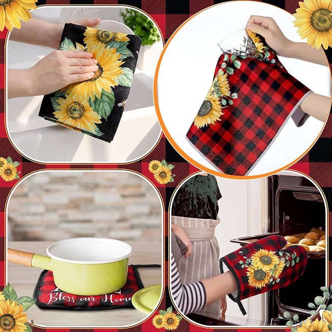 Leinuosen 8 Pcs Sunflower Red Black Checkered Kitchen Towels and Dishcloths Sets Pot Holders and Oven Mitts Sets Absorbent Kitchen Gloves Potholders Heat Resistant for Chef Baking Cooking