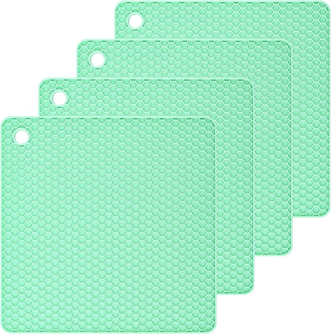 Silicone Trivets Mats Silicone Pot Mat for Countertop Trivet Pads Heat Resistant Table Placemats 4 Pack,Size:7.5x7.5 Inch, Shape: Square (Mint Green)
