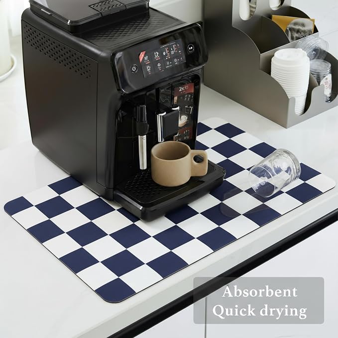 Ohocut Checkered Dish Drying Mat for Kitchen Counter, Coffee Bar Station Accessories, Retro Cute Aesthetic Modern Absorbent Drainer Mat Kitchen Drying Mat Easy Clean (Navy Blue, 24" x 16")