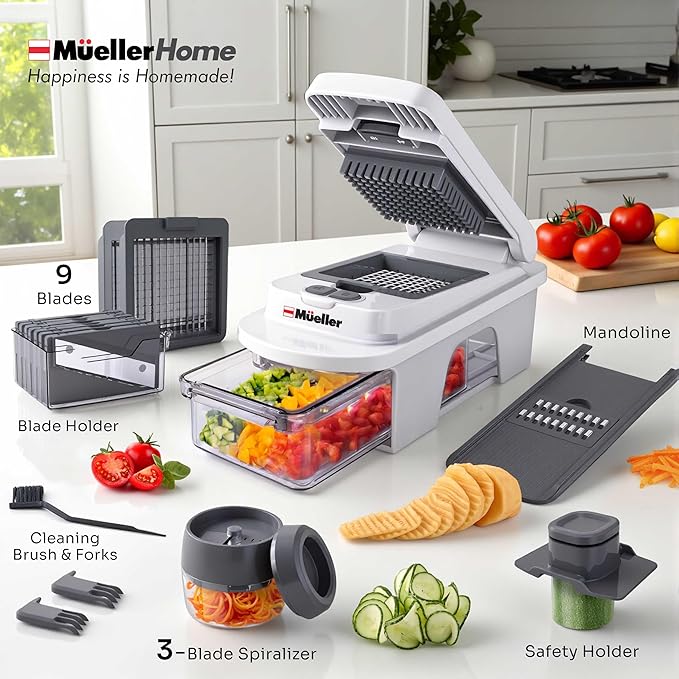 Mueller Pro-Series All-in-One, 12 Blade Mandoline Slicer for Kitchen | Spiralizer, Food Chopper, Vegetable Slicer, Cutter, Dicer, Grater, Kitchen Gadgets with Container, White Sand/Gray