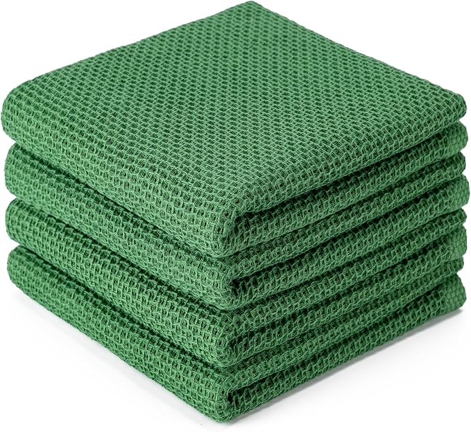 BOOMIBOO 4-Pack Dish Towels,100% Cotton Waffle Weave,13x28 in,Grass Green | Ultra Soft Absorbent, Quick Drying