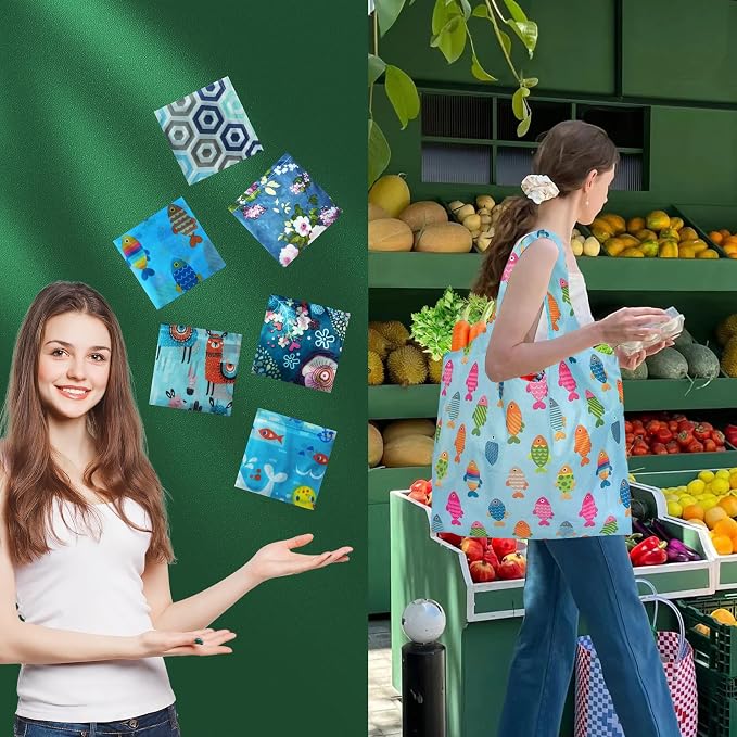 Foldable Reusable Shopping Bags,6 Pack Heavy Duty Tote for Grocery | Lightweight Polyester, machine washable. Compact fold fits in purse. Sturdy 50lb capacity. Great for groceries&travel,Beach