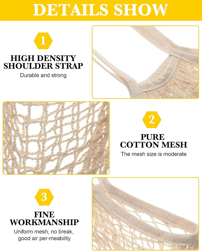 Woanger 24 Pcs Beige Long Handle Reusable Cotton Mesh Produce Shopping Bags Washable Grocery Net Portable Fruit and Vegetable Cotton String Bags Net Tote Organizer (Pack of 2)