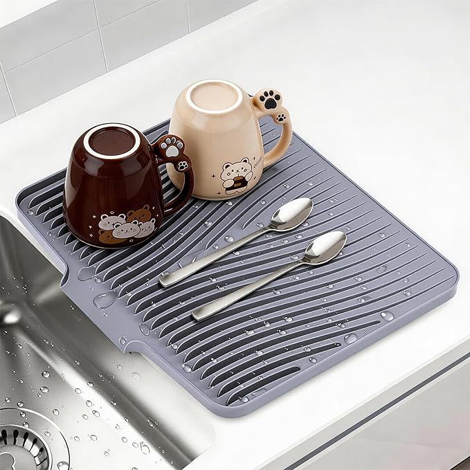 Silicone Dish Drying Mat for Kitchen counter | 15.8"x13" Dish Drainer Mat, Heat-Resistant Kitchen Counter Mat & Over-Sink Drying Tray, Drainage Spout & Hanging Hook, Grey