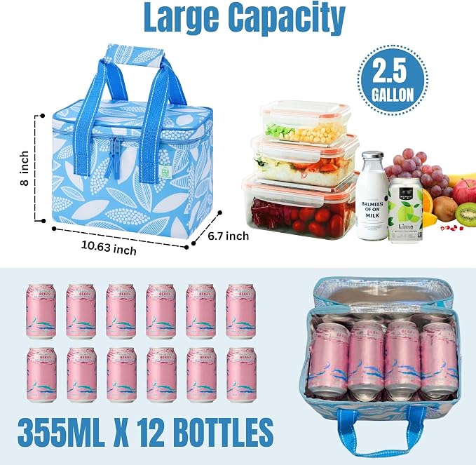 VENO 2 Pack Small Cooler Insulated Lunch Bag Reusable Grocery Shopping Bag | Collapsible Lunch Box Tote for Women Men w/ Handles, Dual Zippers, 9L Capacity for Work Office Picnic Beach (Spring Breeze)