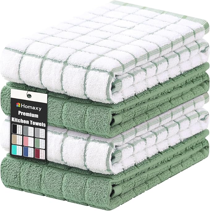 Homaxy Large Premium Cotton Kitchen Towels 16"x 28", 4 Pack, Grass Green | Natural Ring Spun 390 GSM Dish Towels, Super Absorbent Terry Kitchen Hand Towels, Soft Tea Towels with Hanging Loop