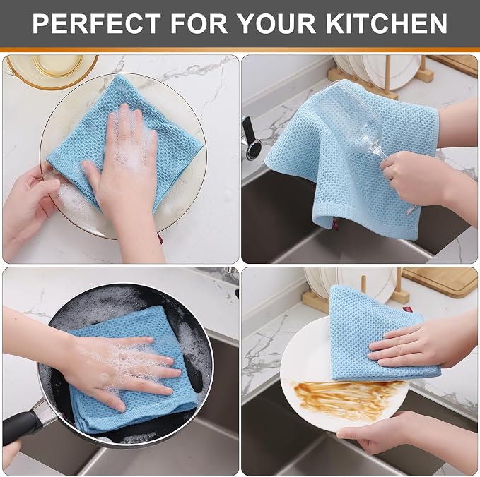 Kitinjoy 100% Cotton Waffle 6-Pack Kitchen Towels, 12" x 12", Sky Blue | Ultra Absorbent, Super Soft, lightweight, Quick Drying Dish Rags for Washing Dishes