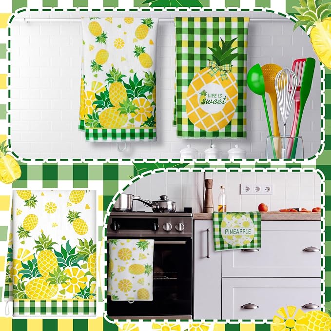 4 Pcs Pineapple Kitchen Towels, Green Grid Dish Towels Gift | Fast Drying Absorbent Dishcloths with Hanging Loop for Cleaning Cooking Baking, Farmhouse Kitchen Decor Housewarming Gift