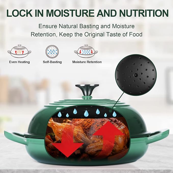 TeamFar Cast Iron Bread Dutch Oven, 6 Qt Enameled Dutch Oven Pot | for Sourdough Bread Baking, Tall Dome Lid & Round Base Pan, Self-Basting & Even-Heating, Heavy-Duty & Non-stick, Dark Green