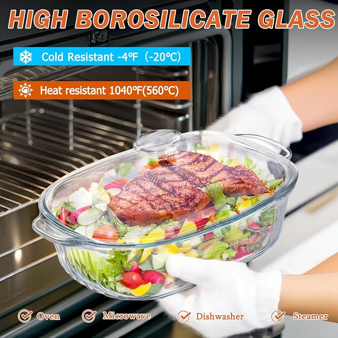 Reasim 2.8L/3Qt Glass Casserole Baking Dish with Lid, Large Oval Glass Casserole Dish with Lid,Mixing Bowl Food Container,Oven,Freezer&Microwave Safe,Clear Container