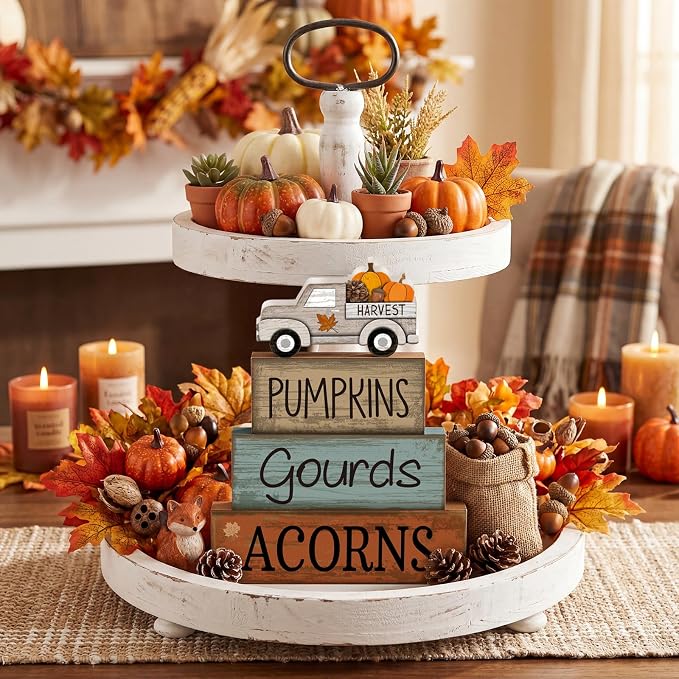 Lineshading 4 Pcs Fall Table Decoration for Home Rutic Fall Truck Decor | Rustic Farmhouse Block Signs, Stackable Pumpkins Gourds Acorns Design, Harvest Truck Theme for Seasonal Home Decor