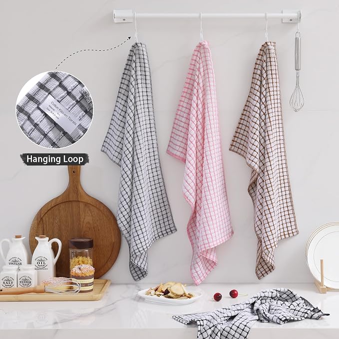 Mordimy Cotton 8 Pack Terry Kitchen Towels, 16 x 25 Inches | Super Soft and Absorbent Dish Towels, Quick Drying Hand Towels for Kitchen Drying, Black/Grey/Pink/Brown