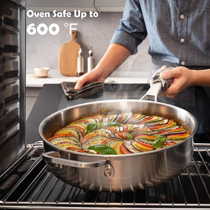 VocVoi Stainless Steel Pan with Lid, 6 QT Stainless Steel Saute Pan, 12 Inch Frying Pan, PFOA & PTFE Free, Tri-Ply Skillet, Stainless Steel Pot, Dishwasher & Oven Safe, Works on All Cooktops