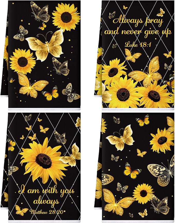 4 Pcs Sunflower Kitchen Towels Butterfly Hand Dish Towels Gifts | Absorbent Fast Drying Dish Clothes Black Yellow Floral Decor Housewarming Gift for Holiday Cooking Kitchen Bathroom
