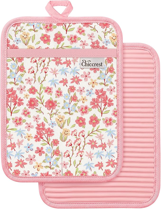100% Thick Cotton Pot Holders Ribbed Soft Silicone Pink Flower | Stylish Pot Holders with Pockets, Ribbed Soft Silicone, Machine Washable Non-Slip Heat Resistant Hot Pads 2pcs, Kitchen Gift