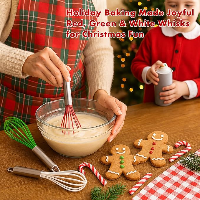 OYV Christmas Whisk Set of 3, 8/10/12 Inch, Holiday Red/Green/White | Christmas Gift for Bakers and Home Chefs